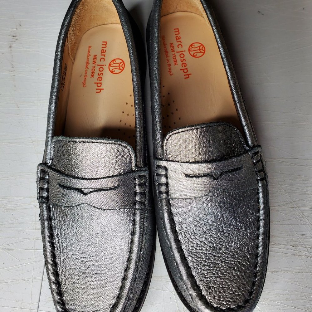 Marc Joseph New York platinum silver metallic leather penny loafers size youth 2